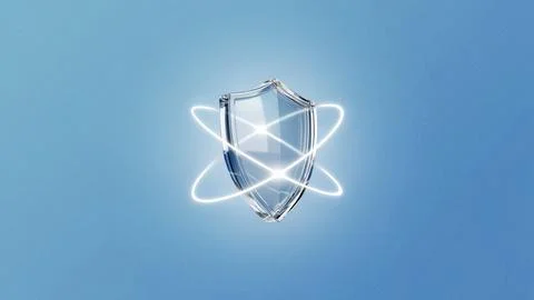 Shiny glass shield with glowing light rings for cyber security and digital .. Stock Illustration