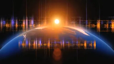 Shiny glowing light with lighting stripes around the earth Video stock 255440400
