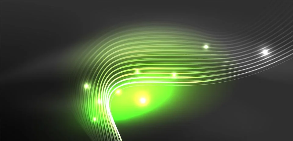 Shiny glowing neon wave. Neon light or laser show, electric impulse, power lines Stock Illustration