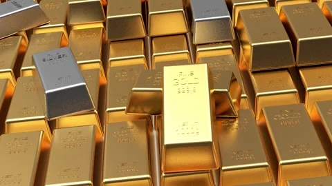 Shiny gold and silver bars stacked in rows with a central gold bar Stock Footage 337448135