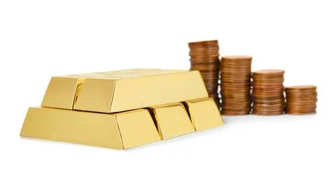 Shiny gold bars and coins on white background Stock Photos