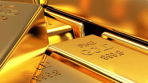 Shiny gold bars stacked in 3D rendering. Stock Footage 336566877