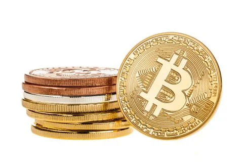 Shiny gold Bitcoin stack isolated Stock Photos