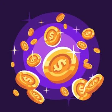 Shiny gold coins falling down. Flying coins on purple background Stock Illustration