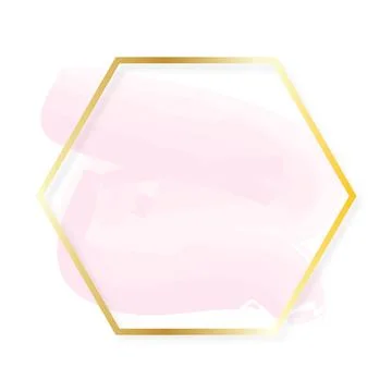 Shiny gold hexagonal frame with pastel pink brush watercolor strokes isolated on Stock Illustration