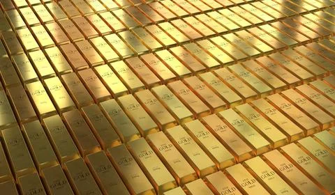 Shiny Gold Ingots in Parallel Order - 3d illustration Stock Illustration