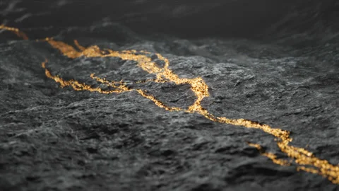 Shiny gold vein in the solid rock. Expensive noble metal. Golden ore. Render CGI Vidéo 201213792