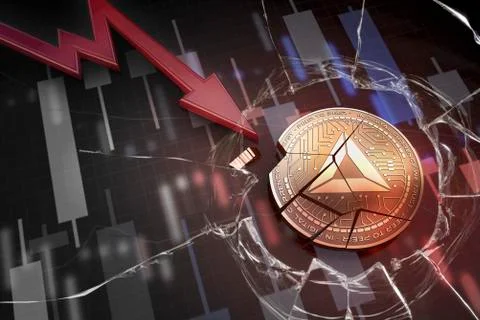 Shiny golden BASIC ATTENTION TOKEN cryptocurrency coin broken on negative chart Stock-Illustration