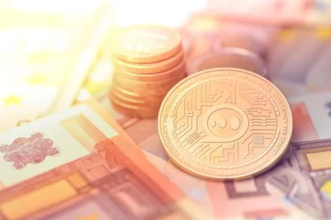 Shiny golden E-CHAT cryptocurrency coin on blurry background with euro money Stock Illustration