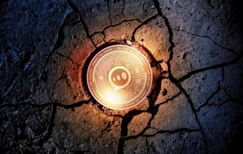 Shiny golden E-CHAT cryptocurrency coin on dry earth dessert background mining Stock Illustration