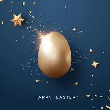 Shiny golden Easter egg surrounded by stars and confetti Stock Illustration