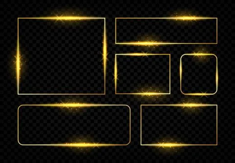 Shiny golden frames. Square magic border with glowing golden lines and flares Stock Illustration