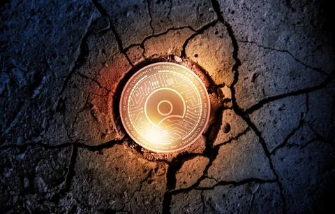 Shiny golden SIMPLE TOKEN cryptocurrency coin on dry earth dessert background Stock Illustration
