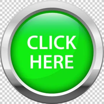 A shiny green button with a silver metallic border and the words 'Click Her.. Stock Illustration