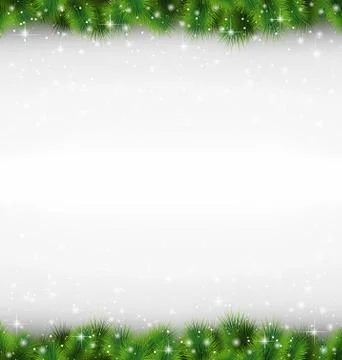 Shiny green pine branches like frame in snowfall on gray Stock Illustration