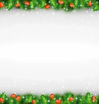 Shiny green pine branches like frame with holly sprigs in snowfa Stock-Illustration