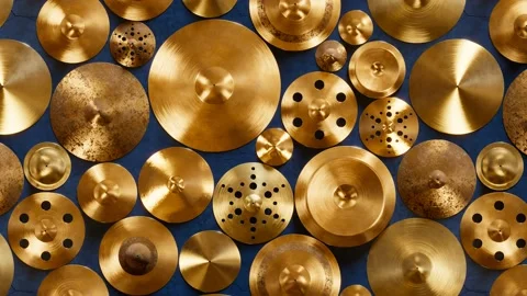 Shiny hand made drum plates. Percussion elements. Musical cymbals top view. Stock Footage 201111685