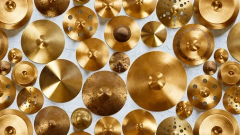 Shiny hand made drum plates. Percussion elements. Musical cymbals top view. Stock Footage 201112534