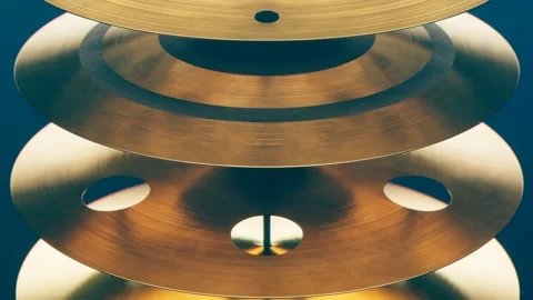 Shiny hand made drum plates. Percussion elements. Musical cymbals top view. Stock Footage 201112932