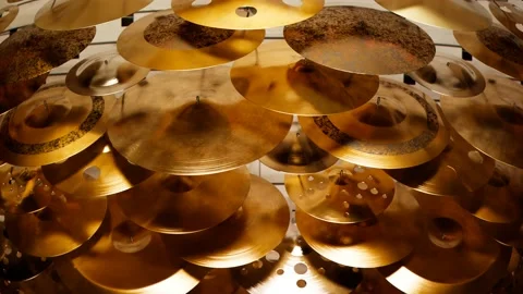 Shiny hand made drum plates. Percussion elements. Musical cymbals top view. Stock Footage 201115991