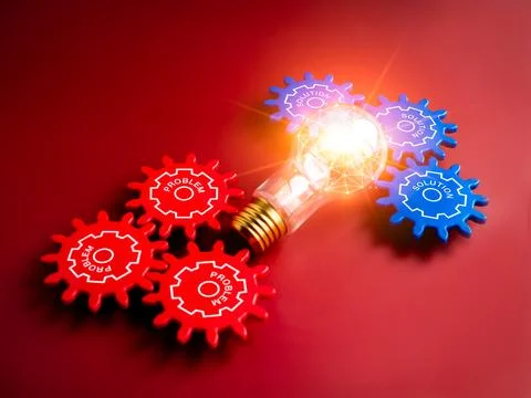 Shiny light bulb with polygon link inside connected between blue with solut.. Stock Illustration