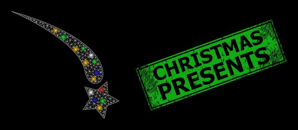 Shiny mesh web falling star with vibrant light spots, and grunge Christmas Pr Stock Illustration