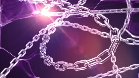 Shiny metal chains intertwining on a dark purple smoky background with lens f Stock Illustration