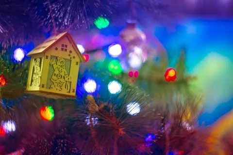 Shiny multi-colored Christmas tree toys background Stock Photos