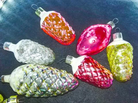 Shiny multi-colored Christmas tree toys background Stock Photos