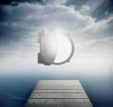 Shiny open safe in sky over ocean Stock Illustration