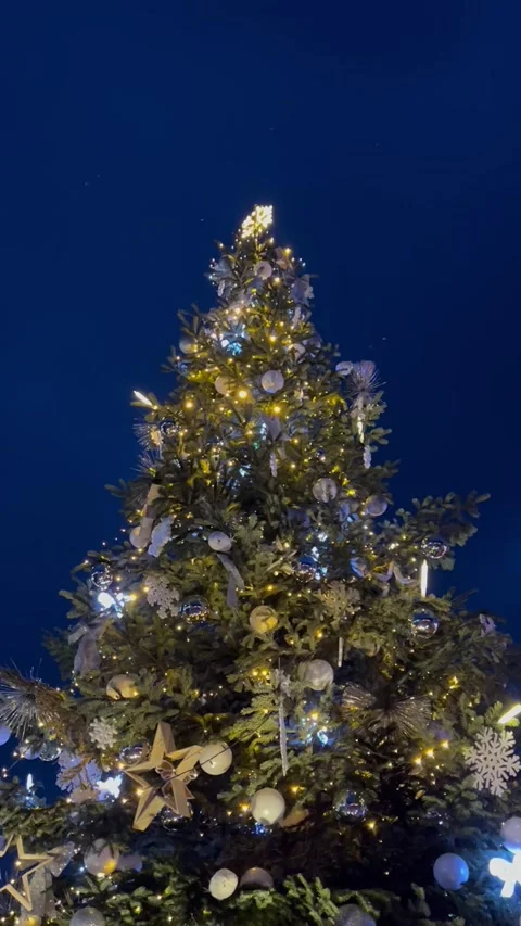 Shiny Outdoor Christmas tree with decorations under blue sky by dusk Stock Footage 334408540