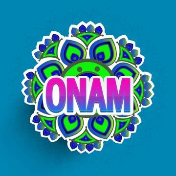 Shiny Paper Text Onam on creative floral rangoli for South Indian Famous Fe.. Stock Illustration