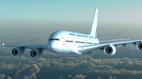 Shiny passenger plane flying on a clouds background Stock Footage 100359724