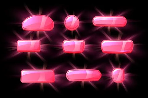 Shiny pink game buttons, set of vector design items isolated on black Stock Illustration