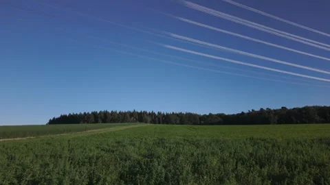 Shiny power cables between two high-voltage tower against the blue sky Stock Footage 344797017