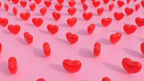 Shiny Red Reflective 3D Hearts Spin Rotate Above Simple Pink Floor Stock-Footage 242514338