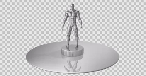 Shiny reflective silver  man, statue, rotating on flat disk Stock Footage 68103928
