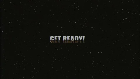 Shiny retro VHS style Get ready text fly in and out in stars space animation Stock Footage 98393781