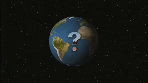 Shiny retro VHS style Question mark fly in and out in stars space and Earth Stock Footage 98392842