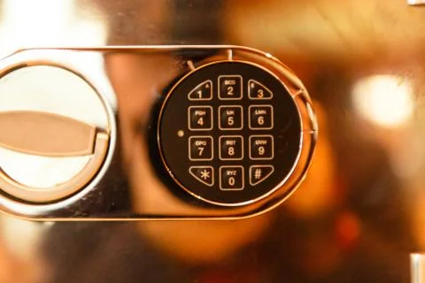 Shiny safe that reflects the fire, with a combination lock Foto stock
