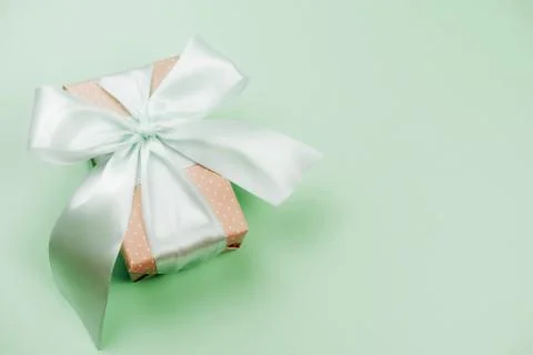 Shiny silk big bow on a gift box. Place for text Stock Photos