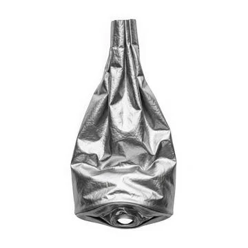 A shiny silver foil bag with a drawstring closure, standing upright. Stock Illustration