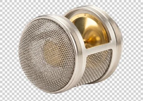Shiny silver studio microphone capsule with golden internal parts isolated .. Фото