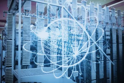 Shiny sphere with binary code against view of data technology Illustrazione stock