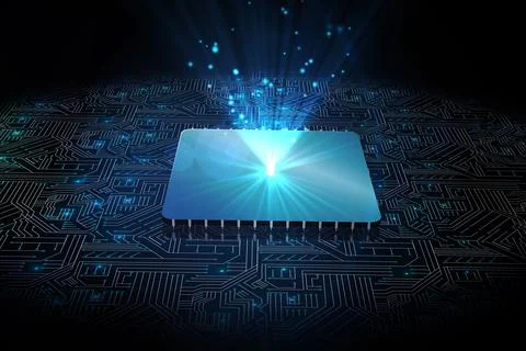 Shiny square on black circuit board Stock Photos