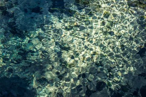 Shiny texture of azure surface of mountain lake. Copy space. A green underwat Stock Photos