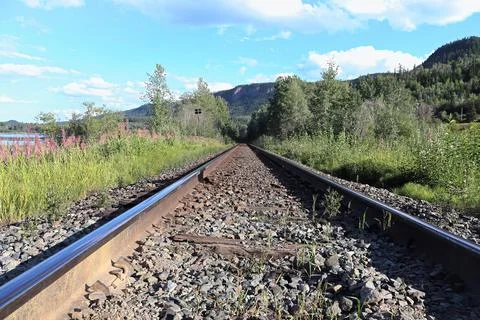 The shiny top view of a rail on a train track Stock Photos