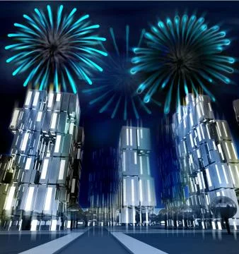 Shiny windows and firework light over modern skyscraper city illustration Stock Illustration