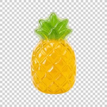 Shiny yellow pineapple shaped gummy candy with green leaves isolated on bac.. Ilustración de archivo