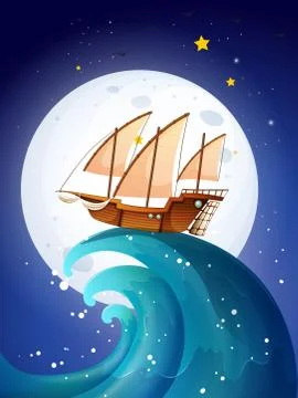 A ship above the giant waves Ilustração Stock